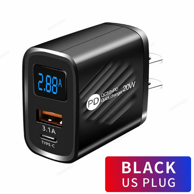PD 20W USB C laadija kiirlaadija 3.0 C-tüüpi seinalaadija iPhone`i jaoks Samsung Xiaomi Huawei LED digitaalse ekraaniga telefoniadapteriga