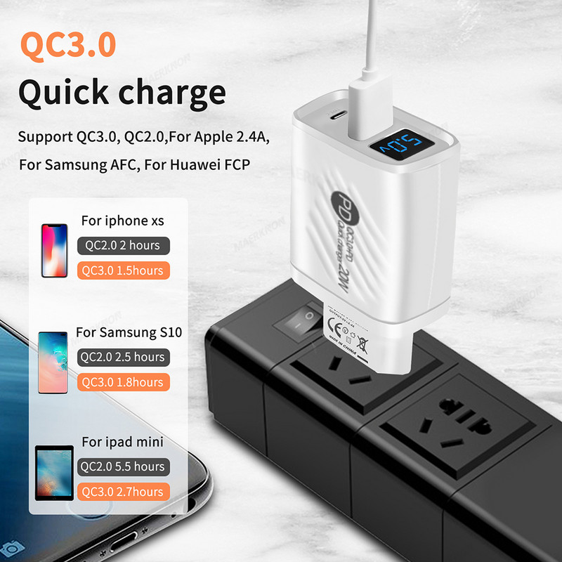 PD 20W USB C laadija kiirlaadija 3.0 C-tüüpi seinalaadija iPhone`i jaoks Samsung Xiaomi Huawei LED digitaalse ekraaniga telefoniadapteriga