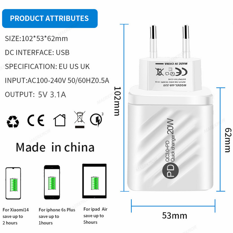 PD 20W USB C laadija kiirlaadija 3.0 C-tüüpi seinalaadija iPhone`i jaoks Samsung Xiaomi Huawei LED digitaalse ekraaniga telefoniadapteriga