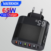 65 W USB įkroviklis 6 prievadų greito įkrovimo PD tipo C telefono adapteris, skirtas iPhone Xiaomi 13 Samsung Quick Charge 3.0 sieninio telefono įkroviklis