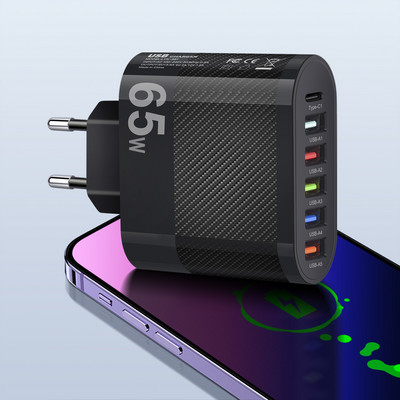 65 W USB įkroviklis 6 prievadų greito įkrovimo PD tipo C telefono adapteris, skirtas iPhone Xiaomi 13 Samsung Quick Charge 3.0 sieninio telefono įkroviklis