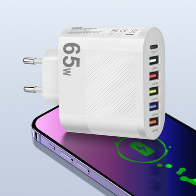 65 W USB įkroviklis 6 prievadų greito įkrovimo PD tipo C telefono adapteris, skirtas iPhone Xiaomi 13 Samsung Quick Charge 3.0 sieninio telefono įkroviklis