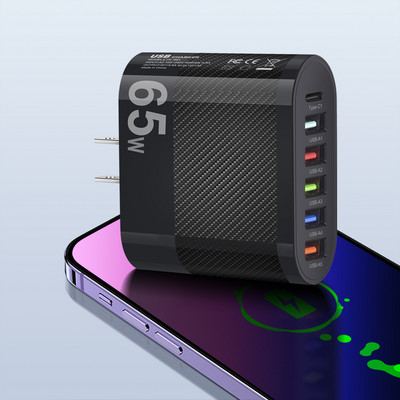 65 W USB įkroviklis 6 prievadų greito įkrovimo PD tipo C telefono adapteris, skirtas iPhone Xiaomi 13 Samsung Quick Charge 3.0 sieninio telefono įkroviklis