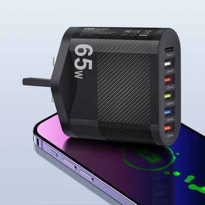65 W USB įkroviklis 6 prievadų greito įkrovimo PD tipo C telefono adapteris, skirtas iPhone Xiaomi 13 Samsung Quick Charge 3.0 sieninio telefono įkroviklis