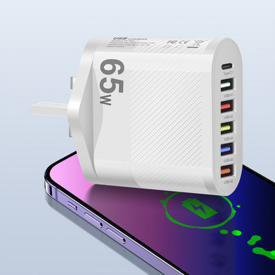 65 W USB įkroviklis 6 prievadų greito įkrovimo PD tipo C telefono adapteris, skirtas iPhone Xiaomi 13 Samsung Quick Charge 3.0 sieninio telefono įkroviklis