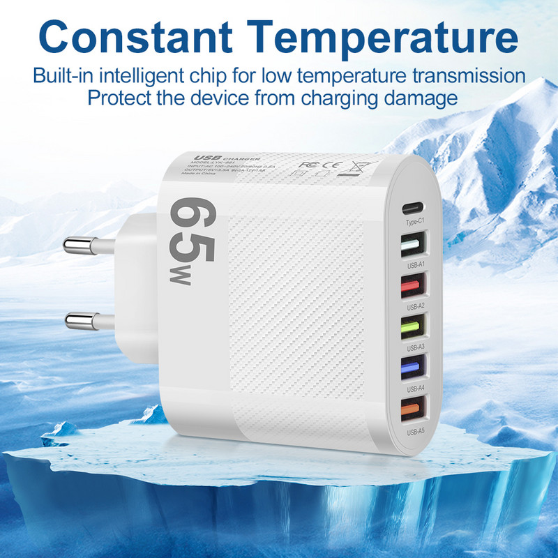65 W USB įkroviklis 6 prievadų greito įkrovimo PD tipo C telefono adapteris, skirtas iPhone Xiaomi 13 Samsung Quick Charge 3.0 sieninio telefono įkroviklis