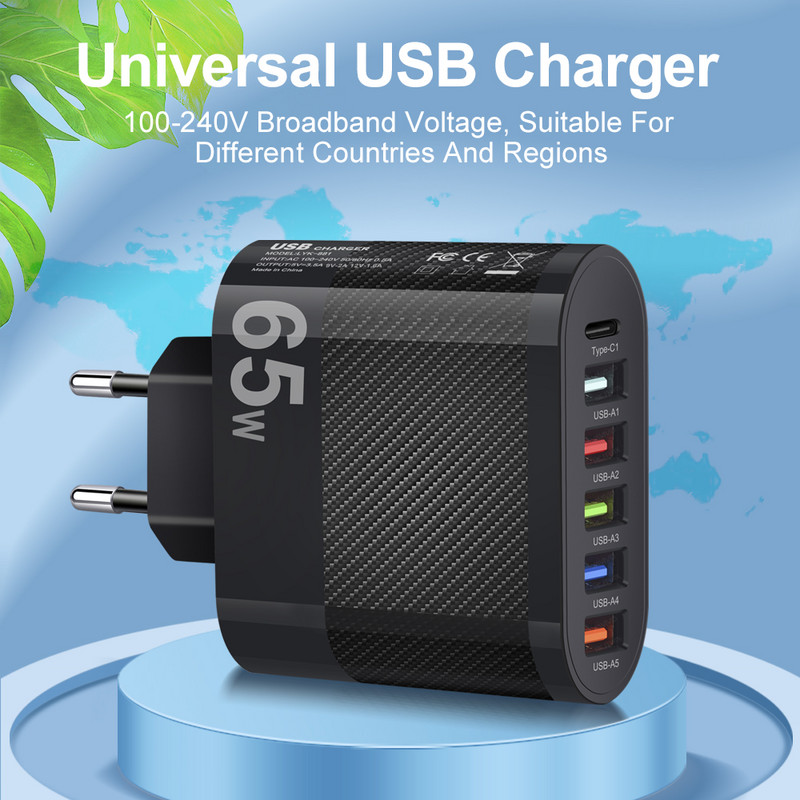 65 W USB įkroviklis 6 prievadų greito įkrovimo PD tipo C telefono adapteris, skirtas iPhone Xiaomi 13 Samsung Quick Charge 3.0 sieninio telefono įkroviklis