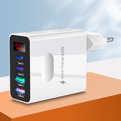 4 prievadų USB greitas įkroviklis 45 W PD tipo C skaitmeninis ekranas telefono įkrovimo adapteris, skirtas iPhone 14 Xiaomi Samsung Multi Plug sieninis įkroviklis
