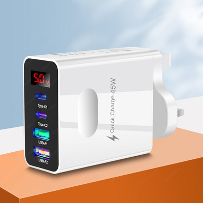 4 prievadų USB greitas įkroviklis 45 W PD tipo C skaitmeninis ekranas telefono įkrovimo adapteris, skirtas iPhone 14 Xiaomi Samsung Multi Plug sieninis įkroviklis