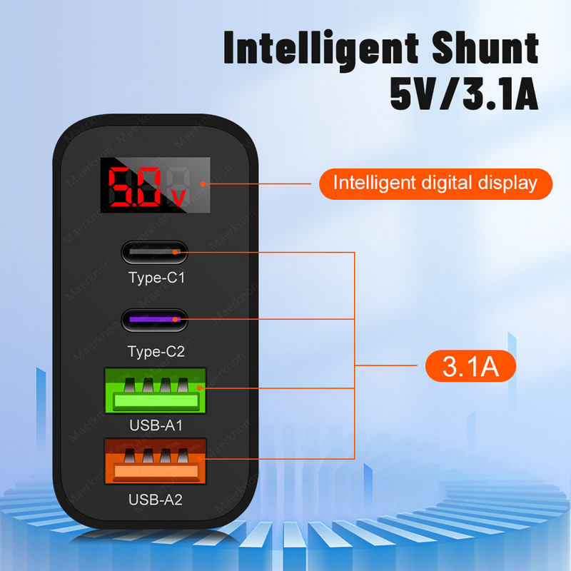 4 prievadų USB greitas įkroviklis 45 W PD tipo C skaitmeninis ekranas telefono įkrovimo adapteris, skirtas iPhone 14 Xiaomi Samsung Multi Plug sieninis įkroviklis