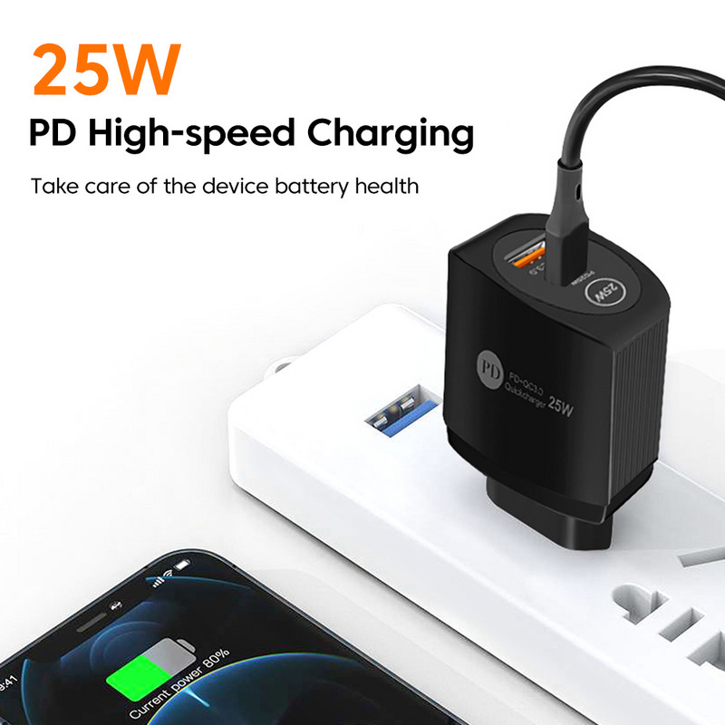 Dviejų prievadų USB C įkroviklis PD 25W greito sieninio įkroviklio adapteris, skirtas Xiaomi Samsung Huawei iPhone 12 11 Pro Max QC 3.0 Type C Cargador