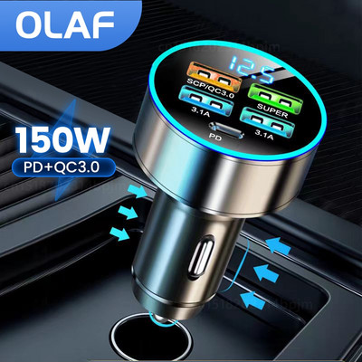 Olaf 5 портово USB зарядно за кола тип C 150W PD бързо зареждане в автомобилна запалка Адаптер за мобилен телефон за iPhone Xiaomi Samsung