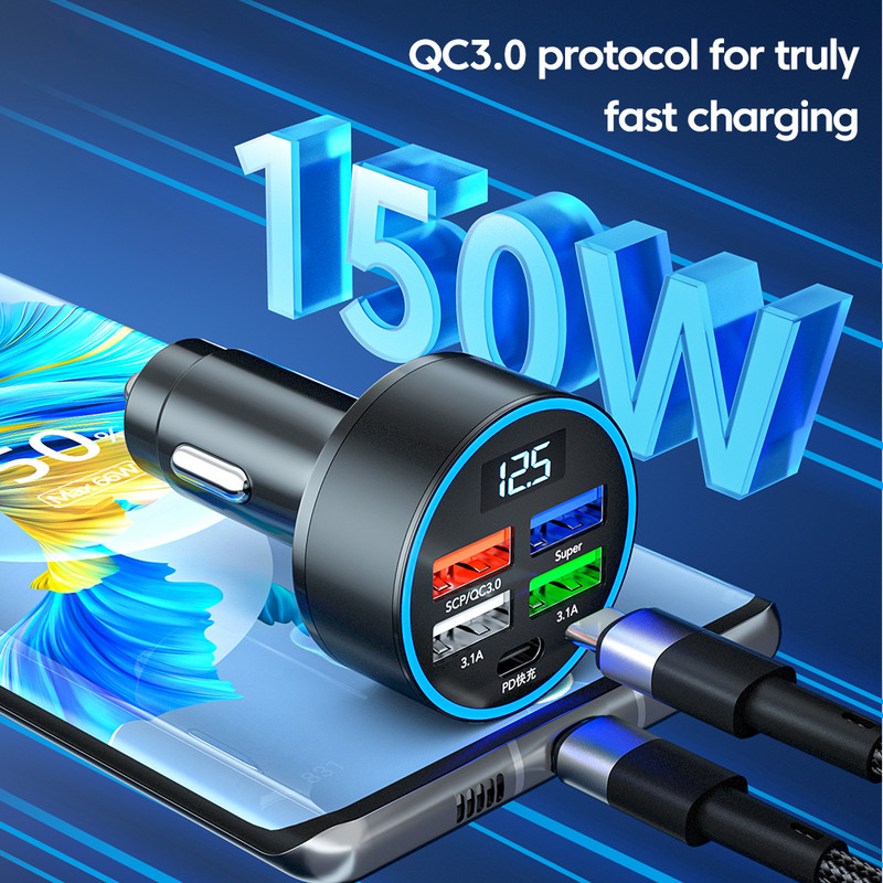 Încărcător auto USB Olaf 5 porturi tip C 150W PD Încărcare rapidă în brichetă auto Adaptor telefon mobil pentru iPhone Xiaomi Samsung