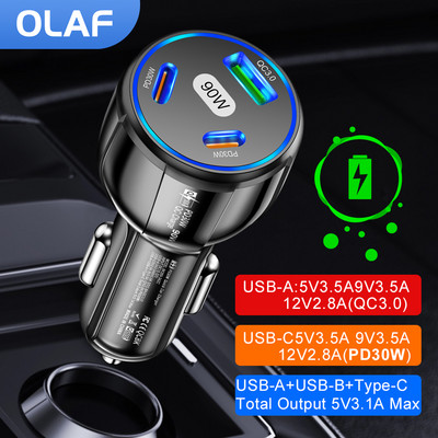 Olaf 3-портово зарядно за кола 90W PD USB бързо зареждане на мобилен телефон в колата Адаптер за запалка тип C Зарядни за телефони за кола