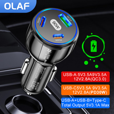 Olaf 3 portu automašīnas lādētājs 90 W PD USB ātras uzlādes mobilais tālrunis automašīnas uzlādes cigarešu šķiltavas adaptera C tipa automašīnas tālruņu lādētāji