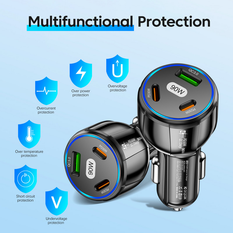 Olaf 3-pordiline autolaadija 90W PD USB-kiirlaadimine autolaadija sigaretisüütaja adapteriga C-tüüpi autotelefoni laadijad