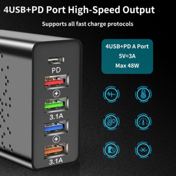 Olaf 48W USB PD Type C Φορτιστής QC 3.0 Fast Charging Adapter Για iPhone 13 12 Samsung Xiaomi 5 Θύρες USB Φορτιστές κινητών τηλεφώνων