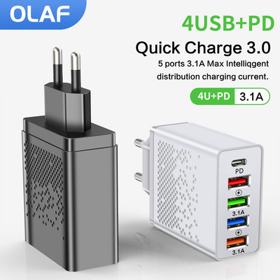 Olaf 48W USB PD Type C зарядно устройство QC 3.0 Адаптер за бързо зареждане за iPhone 13 12 Samsung Xiaomi 5 порта USB зарядни устройства за мобилен телефон