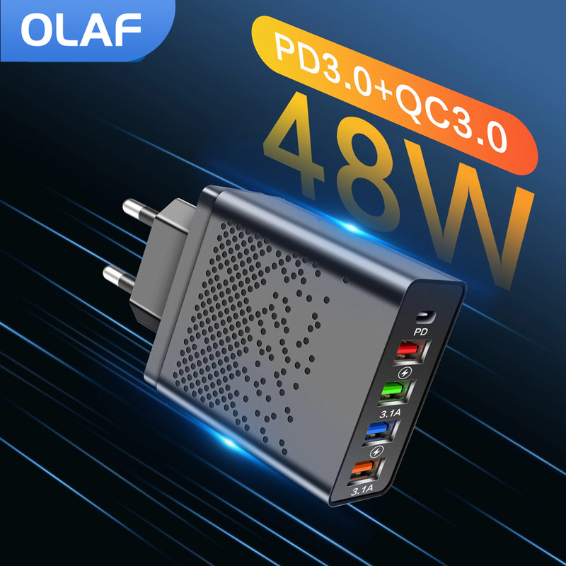 Olaf 48W USB PD Type C įkroviklis QC 3.0 greito įkrovimo adapteris, skirtas iPhone 13 12 Samsung Xiaomi 5 prievadų USB mobiliųjų telefonų įkrovikliai