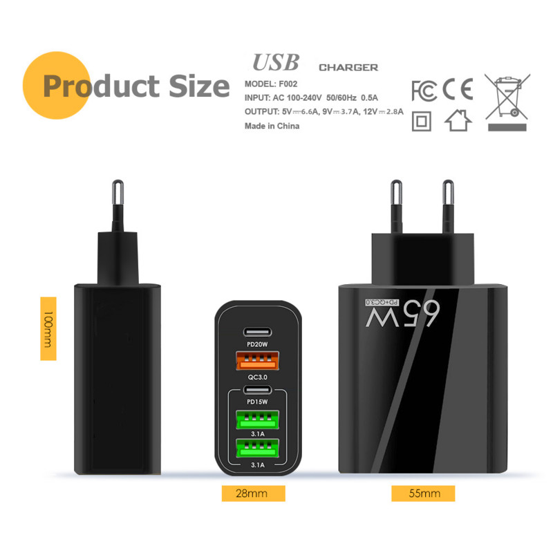 5 priključaka 65W USB punjači Tip C Adapter za brzo punjenje mobitela PD QC 3.0 zidni brzi punjač za iPhone Xiaomi Tablet MacBook