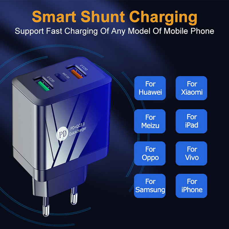 2 priključka QC 3.0 PD25W EU US UK adapter za utikač Putno zidno punjenje 45W USB punjač Brzo punjenje za iPhone Samsung Xiaomi telefone