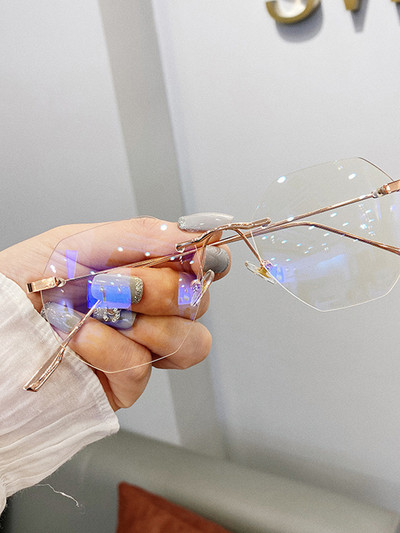 Madingi akiniai be rėmelių moterims Retro anti-mėlynos spalvos šviesūs kompiuterio akiniai Skaidrūs skaidrūs lęšiai vintažiniai metaliniai daugiakampiai akiniai