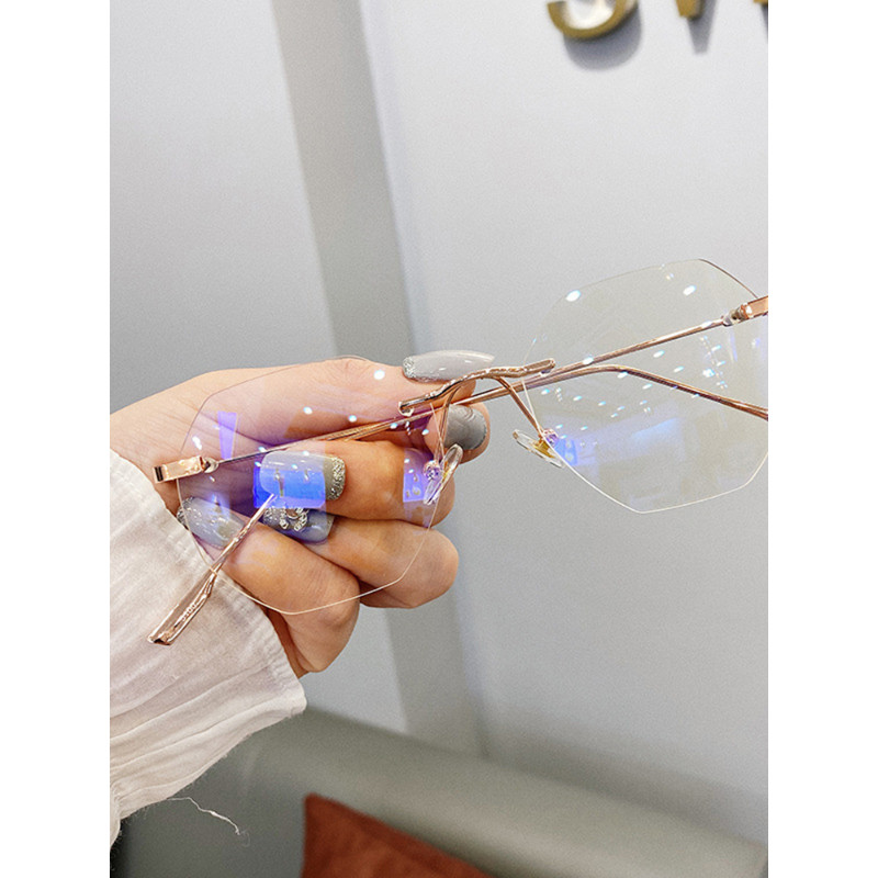 Madingi akiniai be rėmelių moterims Retro anti-mėlynos spalvos šviesūs kompiuterio akiniai Skaidrūs skaidrūs lęšiai vintažiniai metaliniai daugiakampiai akiniai