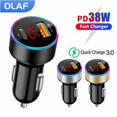 Olaf PD USB automobiliniai įkrovikliai LED tipo C įkroviklis 38W mini greitas įkrovimas iPhone Xiaomi Huawei QC 3.0 mobiliojo telefono adapteriui automobilyje