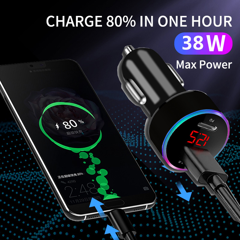 Olaf PD USB automobiliniai įkrovikliai LED tipo C įkroviklis 38W mini greitas įkrovimas iPhone Xiaomi Huawei QC 3.0 mobiliojo telefono adapteriui automobilyje