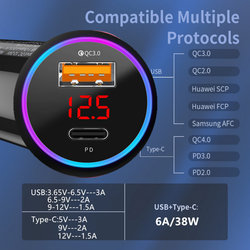 Olaf PD USB automobiliniai įkrovikliai LED tipo C įkroviklis 38W mini greitas įkrovimas iPhone Xiaomi Huawei QC 3.0 mobiliojo telefono adapteriui automobilyje