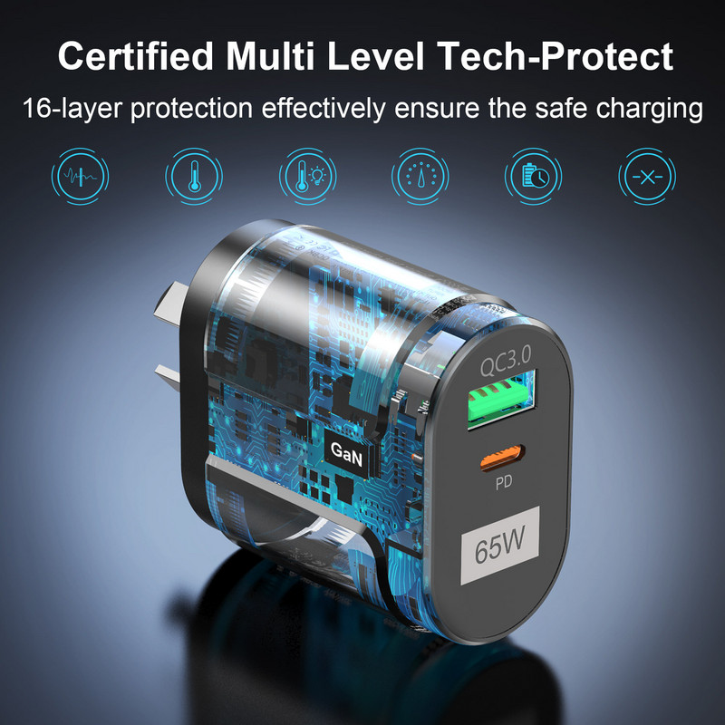 USLION 65W GaN įkroviklis Australijos standartinis kištukas greito įkrovimo planšetinis kompiuteris nešiojamasis kompiuteris C tipo USB greitas įkroviklis mobiliojo telefono įkroviklis Travel