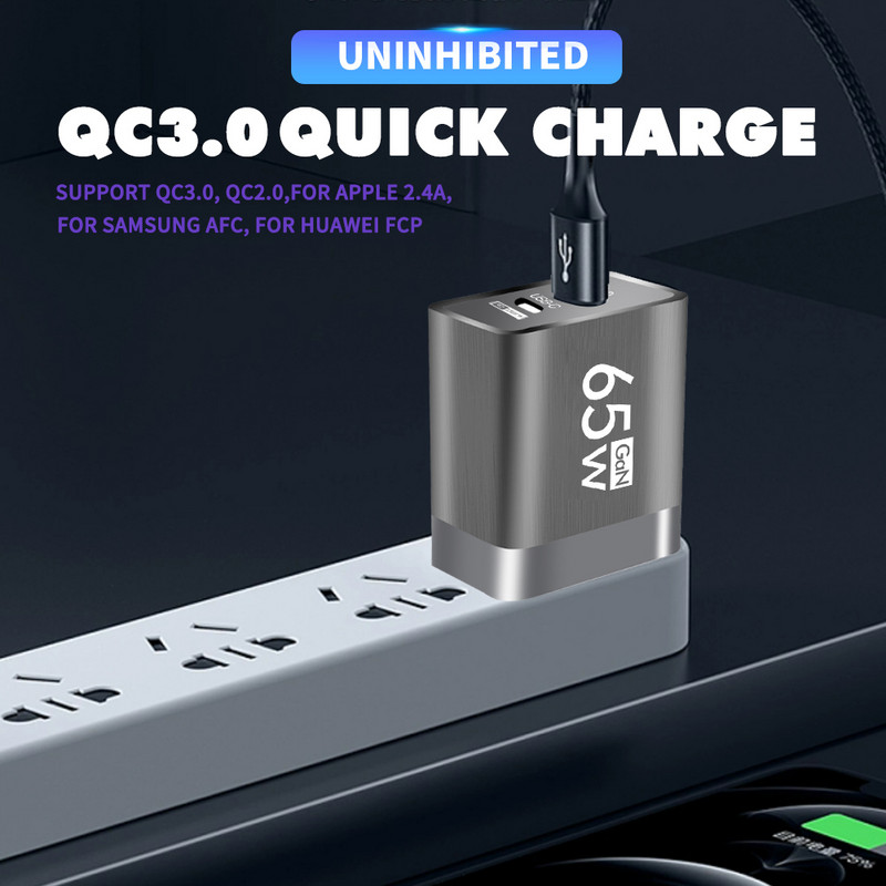 65 W USB Type C Gyorstöltés GaN töltő Tápadapter fali töltő iPhone 14 13 Xiaomi Samsung Quick Charge 3.0 telefontöltőhöz