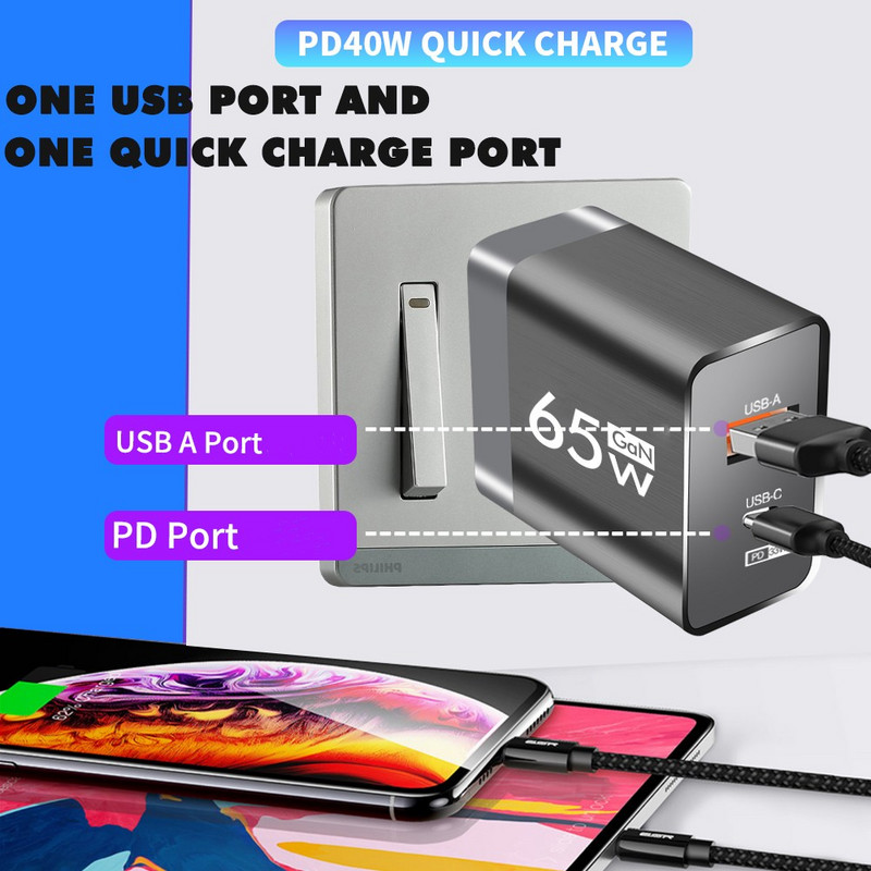 65 W USB Type C Gyorstöltés GaN töltő Tápadapter fali töltő iPhone 14 13 Xiaomi Samsung Quick Charge 3.0 telefontöltőhöz