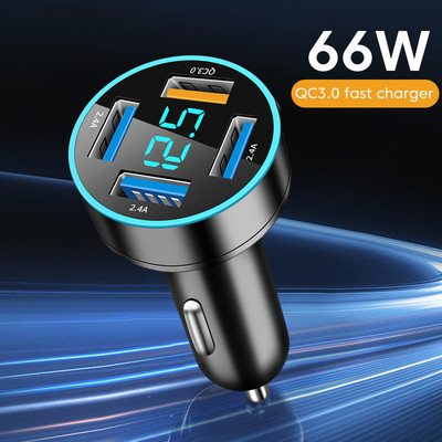 66 W PD automašīnas lādētājs, 4 pieslēgvietas ātras uzlādes automašīnas tālruņa adapteris iPhone Xiaomi Samsung QC3.0 USB C lādētājs automašīnā mobilajam tālrunim