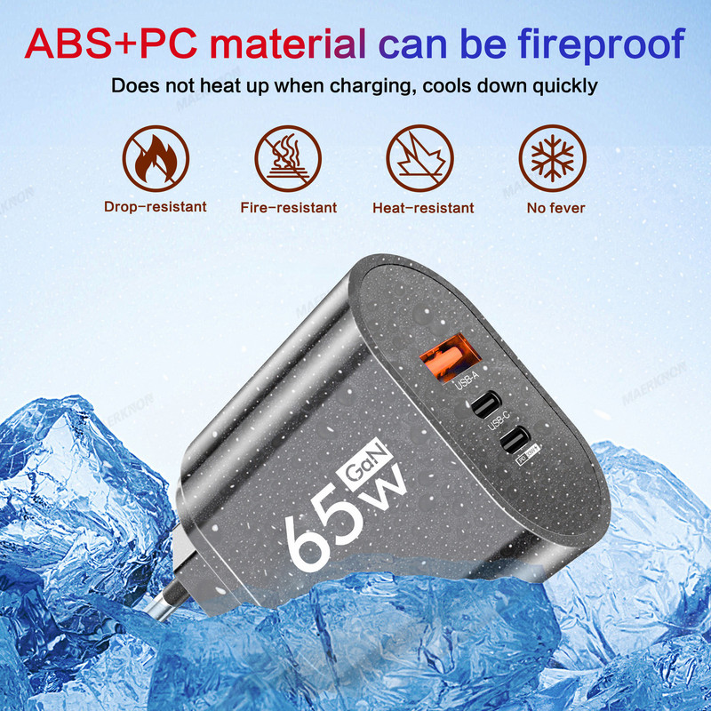 65 W GaN įkroviklis planšetinis kompiuteris USB C sieninis adapteris, tipas C PD greitas įkroviklis Greito įkrovimo mobiliojo telefono adapteris, skirtas iPhone Samsung Xiaomi