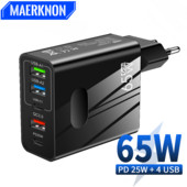 65W GaN USB įkroviklis 5 prievadas PD 25W 4 USB 40W greito įkrovimo mobiliojo telefono adapteris, skirtas iPhone Samsung Xiaomi Huawei Quick Charge 3.0