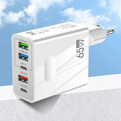 65W GaN USB įkroviklis 5 prievadas PD 25W 4 USB 40W greito įkrovimo mobiliojo telefono adapteris, skirtas iPhone Samsung Xiaomi Huawei Quick Charge 3.0
