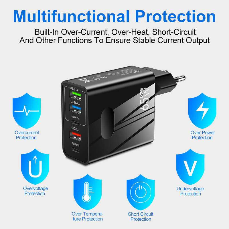 65W GaN USB įkroviklis 5 prievadas PD 25W 4 USB 40W greito įkrovimo mobiliojo telefono adapteris, skirtas iPhone Samsung Xiaomi Huawei Quick Charge 3.0
