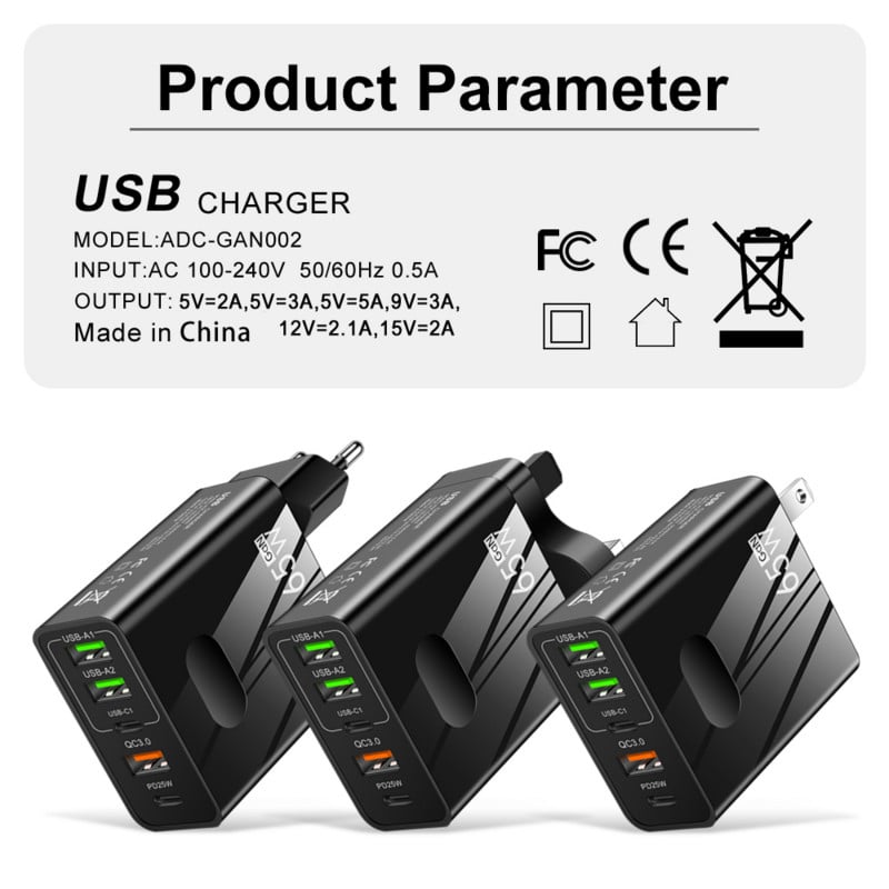 65W GaN USB įkroviklis 5 prievadas PD 25W 4 USB 40W greito įkrovimo mobiliojo telefono adapteris, skirtas iPhone Samsung Xiaomi Huawei Quick Charge 3.0