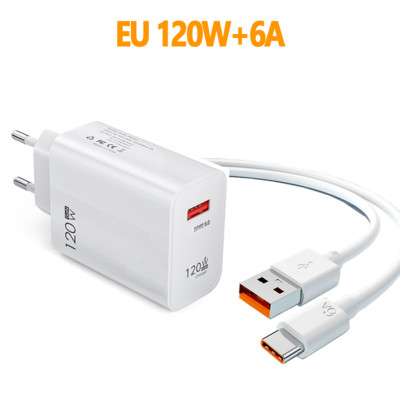 120W greitas įkroviklis USB greito įkrovimo mobiliojo telefono adapteris greito įkrovimo 3.0 sieninis įkroviklis 6A tipo C laidas skirtas iPhone Samsung Xiaomi