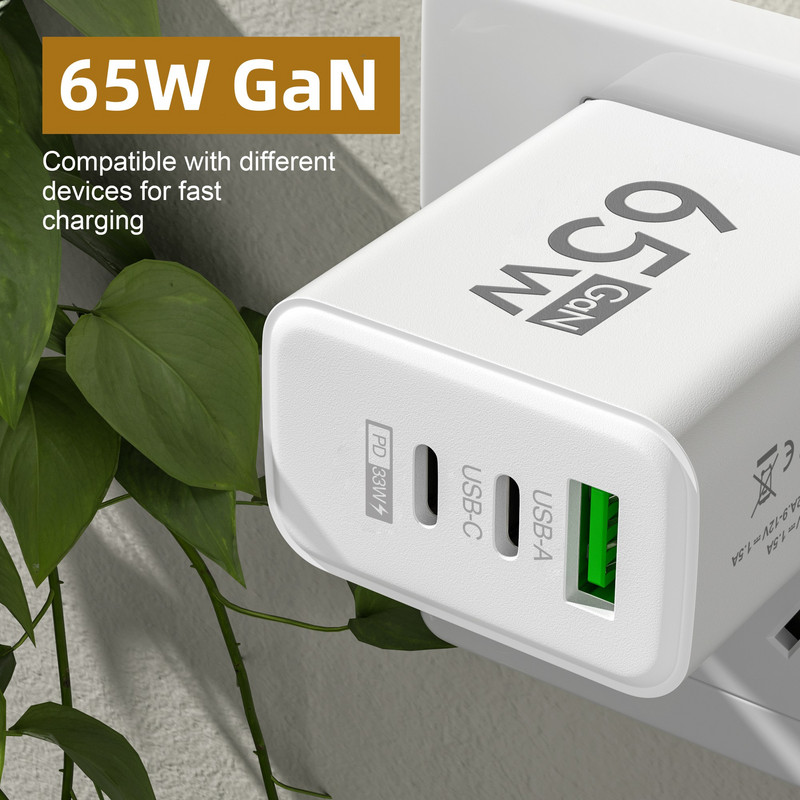 Φορτιστής 65W GaN USB C Γρήγορη φόρτιση Τύπος C Προσαρμογέας κινητού τηλεφώνου για iPhone Φορτιστής τοίχου γρήγορης φόρτισης Samsung Xiaomi Huawei QC3.0