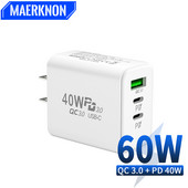 USB töltő 60W gyorstöltő C típusú mobiltelefon töltő adapter iPhone-hoz Samsung Xiaomi Huawei Quick Charge 3.0 fali töltő