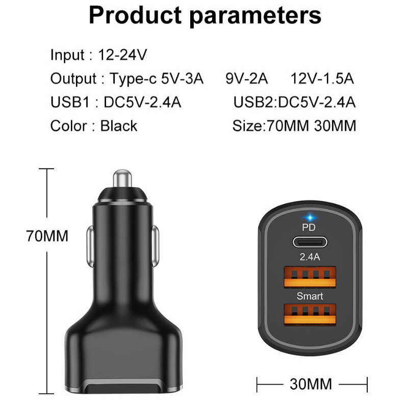PD 30W USB automobilinis įkroviklis C tipo 3 prievadų automobilinis telefono įkroviklis Greitas įkrovimas skirtas iPhone 12 13 Xiaomi 12 Samsung S21 Huawei automobiliniam adapteriui