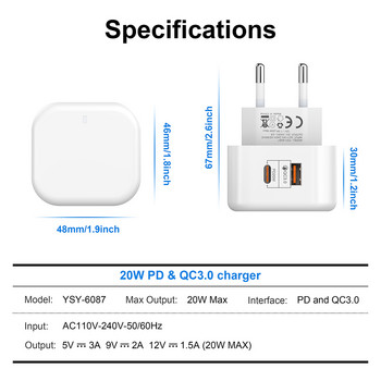 20W зарядно устройство с два порта, USB тип C, телефон, бързо зареждане, кабелен адаптер, USB PD Quick Charge 3.0 за Macbook Pro, iPhone, Samsung, Xiaomi