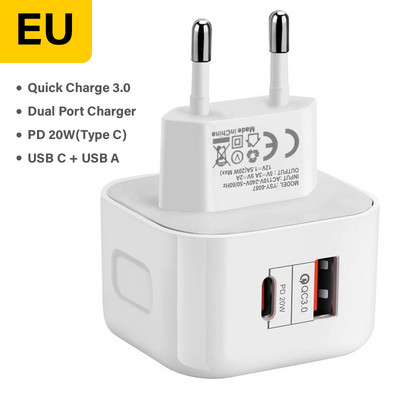 Φορτιστής διπλής θύρας 20W Τηλέφωνο USB τύπου C Καλώδιο γρήγορης φόρτισης Προσαρμογέας USB PD Quick Charge 3.0 για Macbook Pro iPhone Samsung Xiaomi