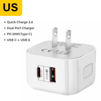 Φορτιστής διπλής θύρας 20W Τηλέφωνο USB τύπου C Καλώδιο γρήγορης φόρτισης Προσαρμογέας USB PD Quick Charge 3.0 για Macbook Pro iPhone Samsung Xiaomi