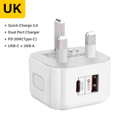 Φορτιστής διπλής θύρας 20W Τηλέφωνο USB τύπου C Καλώδιο γρήγορης φόρτισης Προσαρμογέας USB PD Quick Charge 3.0 για Macbook Pro iPhone Samsung Xiaomi