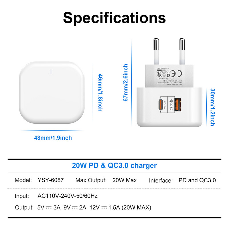 Φορτιστής διπλής θύρας 20W Τηλέφωνο USB τύπου C Καλώδιο γρήγορης φόρτισης Προσαρμογέας USB PD Quick Charge 3.0 για Macbook Pro iPhone Samsung Xiaomi