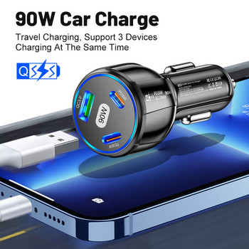 90W USB зарядно за кола Бързо зареждане Тип C 3 порта Адаптер за мобилен телефон Бързо зарядно за iPhone 14 13 Xiaomi Samsung Oneplus