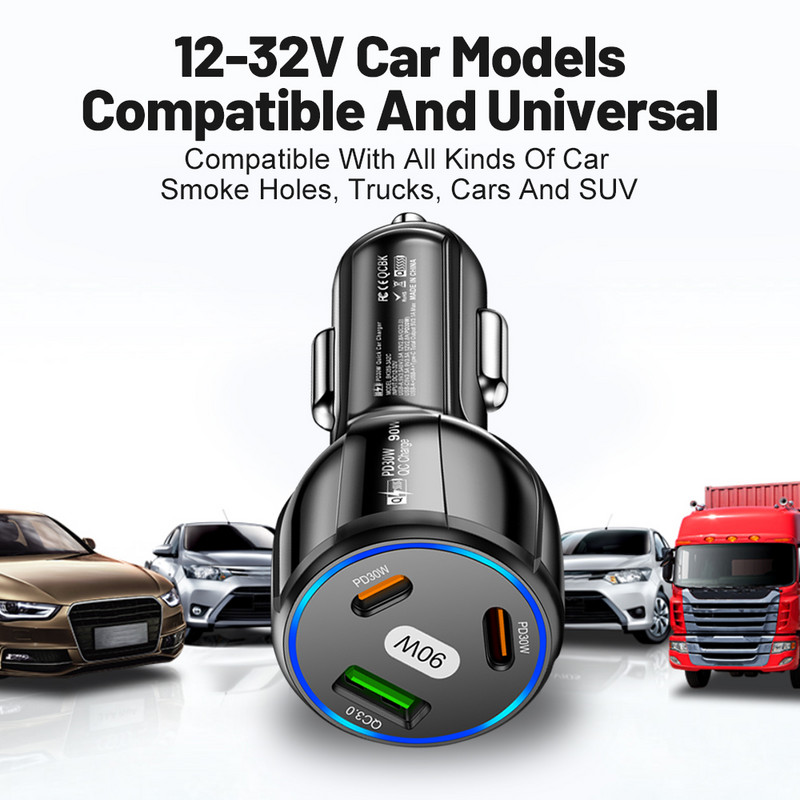 90W USB automobilinis įkroviklis greitas įkrovimas C tipo 3 prievadai mobiliojo telefono adapteris greitas įkroviklis skirtas iPhone 14 13 Xiaomi Samsung Oneplus